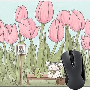 Mouse pad, Cute cat Anime Light Green and Pink Flower Mouse Pads, Square Waterproof Gaming Mousepad Computer Laptop, Women’s Office Decorative pad Home Office Accessories