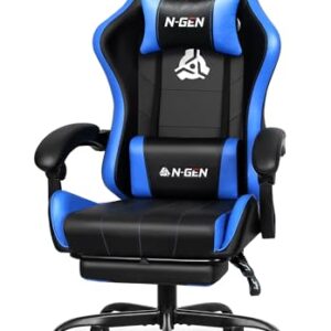 N-GEN GAMING Video Gaming Chair with Footrest Lumbar Support for Home Office High Back Recliner Height Adjustable Ergonomic Comfy Leather Computer Desk Chair (Blue)