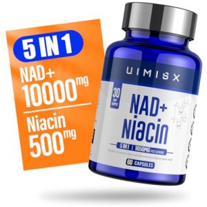 NAD Supplement 1000mg Pure Organic & Niacin(Vitamin B3) 500mg, NAD Supplement for Woman and Man, Nicotinamide Riboside (NR) Supports Anti-Aging, Energy, Brain, Non-GMO, Gluten-Free