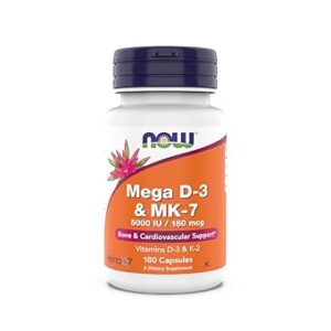 NOW Supplements, Mega D-3 & MK-7, 5000 IU / 180 mcg, Bone & Cardiovascular Support*, Vitamins K-3 & K-2, 180 Capsules