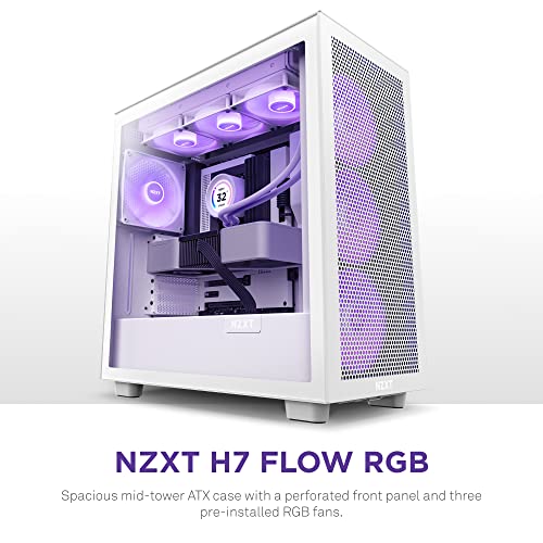 NZXT H7 Flow RGB - Compact ATX Mid-Tower PC Gaming Case – High Airflow Perforated Front Panel – Tempered Glass Side Panel – 3 x F140 RGB Core Fans Included – 360mm Radiator Support – White - Image 4