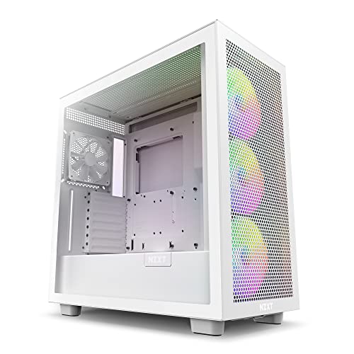 NZXT H7 Flow RGB – Compact ATX Mid-Tower PC Gaming Case – High Airflow Perforated Front Panel – Tempered Glass Side Panel – 3 x F140 RGB Core Fans Included – 360mm Radiator Support – White