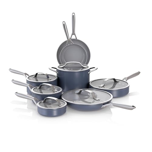 Ninja Ceramic Pro 14-Piece Cookware Set, Non-Stick Pots & Pans Set with Glass Lids, PTFE Free, Ceramic Coated, Oven Safe, All Stovetops & Induction Compatible, Midnight Blue, CW39014MM
