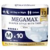 NorthShore MegaMax Adult Overnight Diapers, 12-Hour Tab-Style, Medium, 10 Count Bag, White, 32-44 inches, Unisex Incontinence Underwear