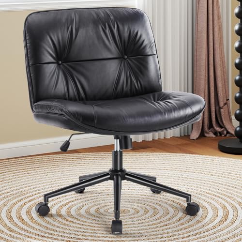 OLIXIS Criss Cross Chair with Wheels, Legged Home Office PU Leather Wide Armless Desk Seat, Rolling Adjustable Swivel Ergonomic Comfy Vanity Seating