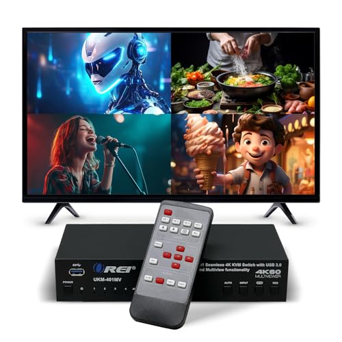 OREI 4×1 KVM HDMI Seamless Switch Multiviewer, Share Multiple Devices, PC, Computers, Phones, Gaming on One Display Monitor, Keyboard Control and USB 3.0 Peripheral Control
