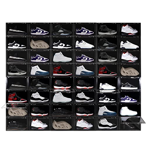 Ollie XL Shoe Storage Boxes – Foldable and Stackable Shoe Storage Organizer – Black Hard Plastic Big Shoe Storage Box For Up to Size 13 – Acrylic Shoe Box for Jordan, Sneakers, Boots (Black, 48-Pack)