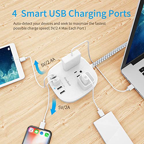 One Beat Desktop Power Strip with 3 Outlet 4 USB Ports 4.5A, Flat Plug and 5 ft Long Braided Extension Cords for Cruise Ship Travel Home Office, ETL Listed - Image 3