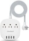 One Beat Desktop Power Strip with 3 Outlet 4 USB Ports 4.5A, Flat Plug and 5 ft Long Braided Extension Cords for Cruise Ship Travel Home Office, ETL Listed
