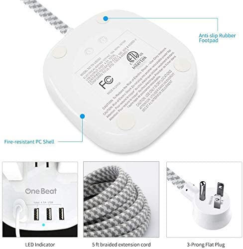 One Beat Desktop Power Strip with 3 Outlet 4 USB Ports 4.5A, Flat Plug and 5 ft Long Braided Extension Cords for Cruise Ship Travel Home Office, ETL Listed - Image 6