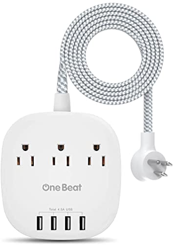 One Beat Desktop Power Strip with 3 Outlet 4 USB Ports 4.5A, Flat Plug and 5 ft Long Braided Extension Cords for Cruise Ship Travel Home Office, ETL Listed