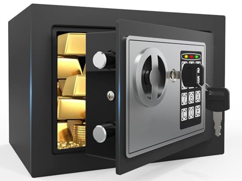 PATRON Small Safe Box for Money with Code and Keys,Solid Mini Safe for Kids with Digital Electronic Security Keypad for Home Office Hotel,Personal Money Safes for Cash,0.236 Cuft (Black)