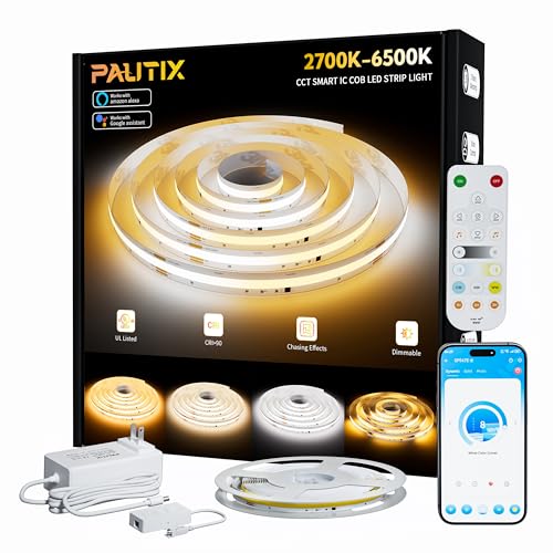 PAUTIX CCT Smart IC COB LED Strip Lights,UL Listed 15ft Addressable Super Bright 2700K-6500K Color Chasing,CRI 90+ Dimmable Tape Light,Work with Alexa/Google,for Cabinets,Home,Office Lighting Projects