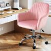 Pink Vanity Desk Chair Comfy with Back and Wheels,Velvet Rolling Office Chair for Vanity Makeup Room,Height Adjustable,360 Swivel (Pink)