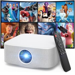Portable Mini Projector with Electric Focus, NICPOW Full HD 1080P Projector, Bluetooth Movie Projector with Auto Keystone, Two-Way Bluetooth, Ideal for Indoor Outdoor Use, White