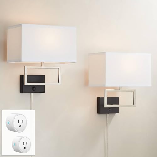 Possini Euro Design Trixie Modern Wall Lamps Set of 2 with Smart Sockets Brushed Nickel Plug-in 12″ Fixture Rectangular Fabric Shades for Bedroom Bedside Reading Living Room Hallway House Home