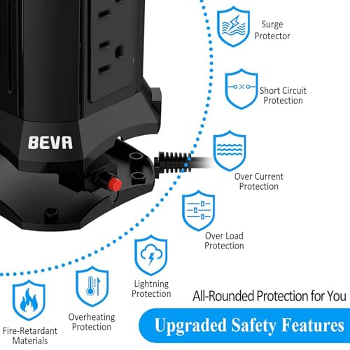 Power Strip Tower Surge Protector BEVA 10ft Flat Plug Desktop Charging Station 9 AC Outlets 4 USB Ports, 900 Joules, Long Extension Cord for Home Office Appliances Smartphones Computer Tablets(Black) - Image 4