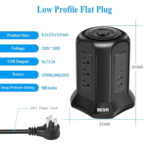 Power Strip Tower Surge Protector BEVA 10ft Flat Plug Desktop Charging Station 9 AC Outlets 4 USB Ports, 900 Joules, Long Extension Cord for Home Office Appliances Smartphones Computer Tablets(Black) - Image 6