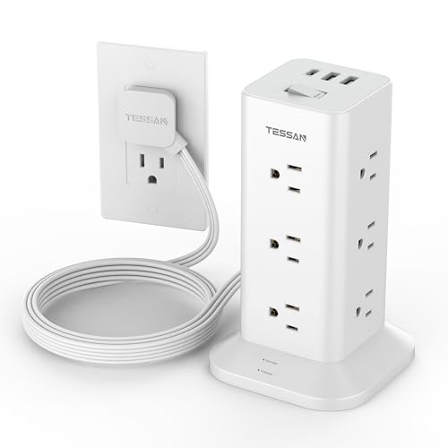 Power Strip Tower with Surge Protection, TESSAN Flat Plug Extension Cord 6 Feet with 12 Multiple Outlets 3 USB Ports (1 USB C), 900J Surge Protector Tower for Home,Supplies for Dorm Room Essentials