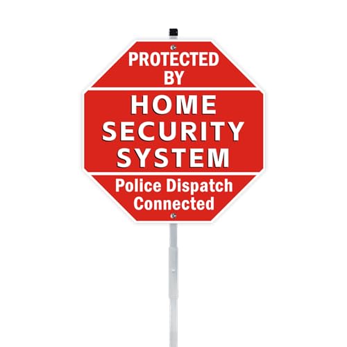 Protected By Home Security System Signs for Yard, 10″ x 28″ Police Dispatch Connected Warning Sign with Metal Stake, All Rust Free Aluminum, UV Protected, Waterproof, Easy Install
