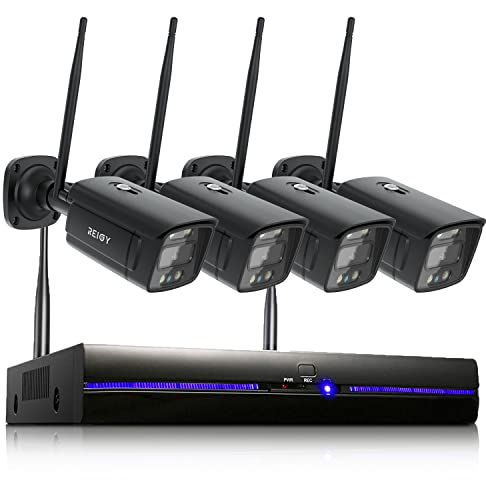 REIGY 3MP WiFi Security Camera System with Floodlight Without Hard Drive, 2K Outdoor Home Surveillance Set 10CH NVR + 4X 1296P IP Cam, 2-Way Audio Remote View Color Night Vision Motion Detection Black