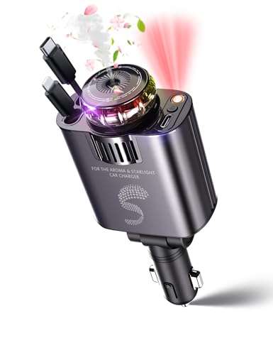 Retractable Car Charger USB C Fast Charging 120W, Car Accessories Cigarette Lighter Adapter with Aromatherapy Starlight, Car Charger iPhone16 15 14 13 12 11 Essentials Gift for Travelers, Men, Women
