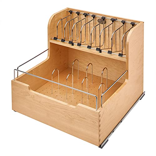 Rev-A-Shelf 24″ Divided Storage Bin for Kitchen or Bathroom Cabinets, Food Storage Containers/Utensils Organizer w/Soft-Close, Wood, 4FSCO-24SC-1