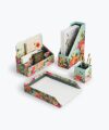Rifle Paper Wrapped Desk Garden Party Bundle with Desk Organizer, Magazine Holder, Letter Tray, Pencil Cup, and Mechanical Pencil. Features Full Color Illustrations of Garden Party Print.