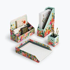Rifle Paper Wrapped Desk Garden Party Bundle with Desk Organizer, Magazine Holder, Letter Tray, Pencil Cup, and Mechanical Pencil. Features Full Color Illustrations of Garden Party Print.