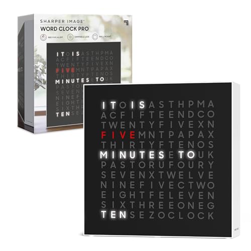 Sharper Image® LED Word Clock Pro with Dimmable Light, 9.45″ Modern Design, & Red 5-Minute Alerts| Electronic Accent Wall & Desk Clock| Contemporary Home & Office Decor| Housewarming Gift