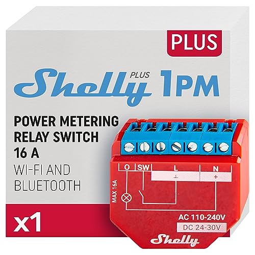 Shelly Plus 1PM | WiFi Smart Relay Switch with Power Metering | Home Automation | Bluetooth Gateway | Compatible with Alexa & Google Home | iOS Android App | No Hub | Wireless Lighting Control