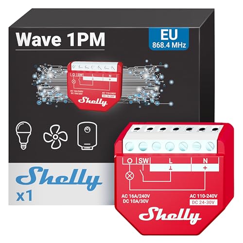 Shelly Wave 1PM, Z-wave Smart Switch Relay, 1 Channel, 16 A, with Current Measurement, Home Automation, Z-Wave Gateway Required, Low Power Consumption, Repeater, High Compatibility