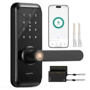 Smart Door Lock with Handle – 5-in-1 Fingerprint Keyless Entry, APP Control, Keypad Deadbolt, FOB & Auto-Lock, Anti-Peep, Waterproof IP65 for Front Door Security (Black)