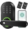 Smart Keypad Door Lock with Handle, Keyless Entry Digital Door Lock for Front Door, Fingerprint Electronic Door Knob with App, Security Lever for Bedrooms, Apartment, Local Data Storage, Black