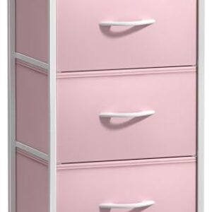 Sorbus Nightstand with 3 Drawers – Bedside Furniture & Accent End Table Chest for Home, Bedroom Accessories, Office, College Dorm, Steel Frame, Wood Top, Pastel Fabric Bins (Pink)