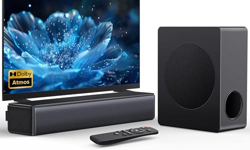 Sound bar with subwoofer, 200W 2.1 ch soundbar w/Dolby Atmos Surround Sound System, 3D Bass Adjustable Home Theater Bluetooth TV Speaker for Smart TV/Projector/PC