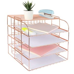 Spacrea Letter Tray, 4 Tier Rose Gold Desk Organizers and Accessories for Women, Stackable Paper File Organizer with 1 Upper Display Shelf (Rose Gold)