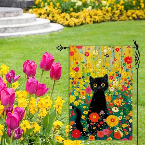 Spring Summer Black Cat Garden Flag Colorful Floral Garden Flag Vertical Double Sided Rustic Farmland Burlap Yard Lawn Outdoor Decor 12.5x18" - Image 3