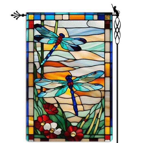 Spring Summer Dragonfly Garden Flag Glass Style Flowers Garden Flag Vertical Double Sided Rustic Farmland Burlap Yard Lawn Outdoor Decor 12.5×18″
