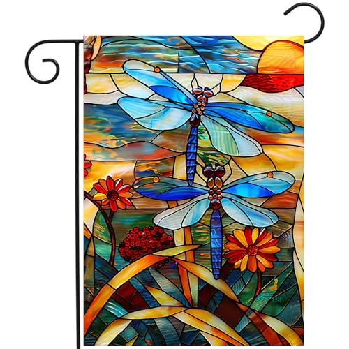 Stained Glass Dragonfly Garden Flag Spring Summer Yard Flag Fall Floral Decorative Flags for Outside 12×18 Double Sided Small Seasonal Lawn Flags Rustic Outdoor Decor