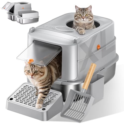 Stainless Steel Cat Litter Box with Lid, XL Extra Large Metal Litter Box for Big Cats, 180° Flip Cover Enclosed Top Entry Litter Boxs with High Sided Enclosure & Scoop, Non-Sticky, Anti-Leakage