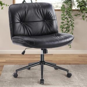 Sweetcrispy Criss Cross Legged Chair with Wheels, Armless Office Desk PU Leather Wide Seat, Modern Swivel Height Adjustable Comfy Computer Task Seating for Home Bedroom – Black