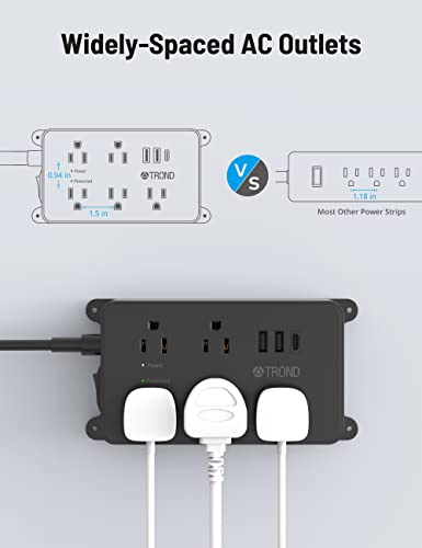 TROND Power Strip Surge Protector, 5 Widely-Spaced Outlets with 2 USB A and 1 USB C, ETL Listed, Wall Mountable, Flat Plug 5ft Extension Cord, 1300J, 14AWG Heavy Duty, for Office Kitchen, Black - Image 3