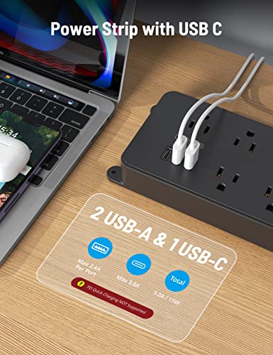 TROND Power Strip Surge Protector, 5 Widely-Spaced Outlets with 2 USB A and 1 USB C, ETL Listed, Wall Mountable, Flat Plug 5ft Extension Cord, 1300J, 14AWG Heavy Duty, for Office Kitchen, Black - Image 4