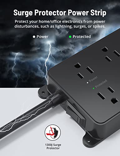 TROND Power Strip Surge Protector, 5 Widely-Spaced Outlets with 2 USB A and 1 USB C, ETL Listed, Wall Mountable, Flat Plug 5ft Extension Cord, 1300J, 14AWG Heavy Duty, for Office Kitchen, Black - Image 6