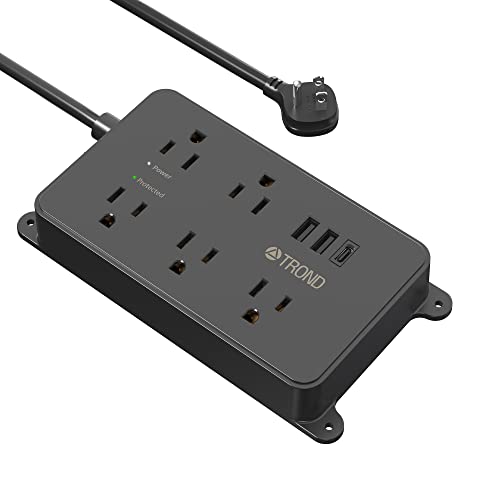 TROND Power Strip Surge Protector, 5 Widely-Spaced Outlets with 2 USB A and 1 USB C, ETL Listed, Wall Mountable, Flat Plug 5ft Extension Cord, 1300J, 14AWG Heavy Duty, for Office Kitchen, Black