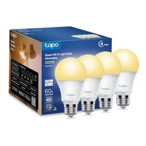 Tapo TP-Link Smart Light Bulbs, 800 Lumens (60W Equivalent), 2700K Soft Warm White LED Bulb, Dimmable, Compatible with Alexa and Google Home, No Hub Required, A19 E26, L510E (4-Pack)