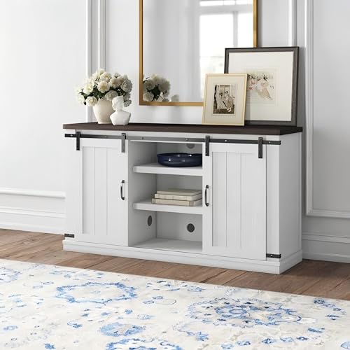 Television Stands Entertainment Centers Modern Farmhouse Wood TV Stand for TVs up to 65 Inch, Home Living Room Storage Table Cabinet Doors and Shelves Stone, Light Gray