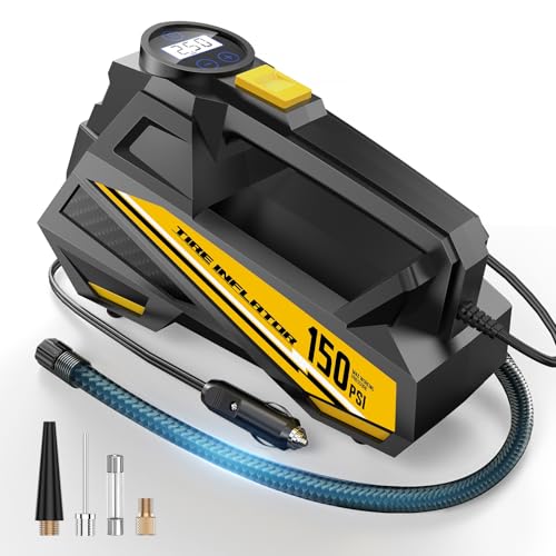 Tire Inflator Portable Air Compressor – DC 12V Air Pump for Car Tires with 150PSI LCD Digital Gauge & Emergency LED Light,Auto Tire Pump for Cars,Motorcycles,Bikes,Balls (Large)