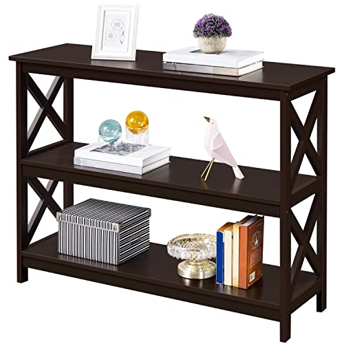 Topeakmart 3 Tier Console & Sofa Table with Storage, Narrow Long Entryway Table for Small Space, Espresso Bookshelf, Living Room Accent Furniture